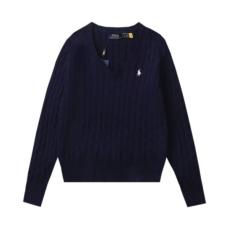 RL. Ruff Pony Embroidered V-Neck Sweater Women'S Retro Slim-Fit American Sweater Top